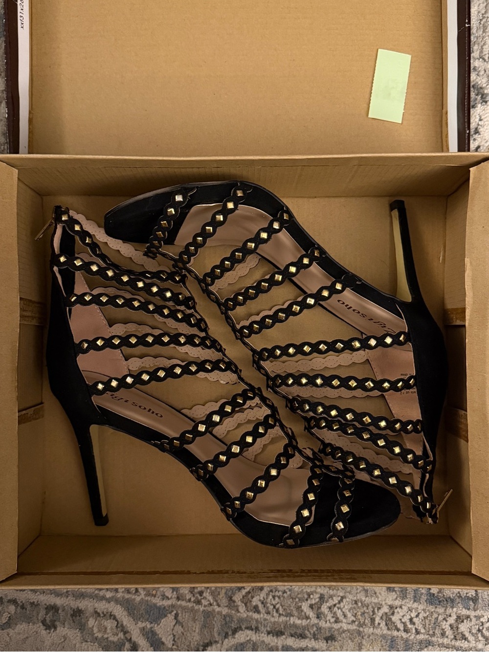 Black Strappy High Heel Sandals with Gold Stud Accents
